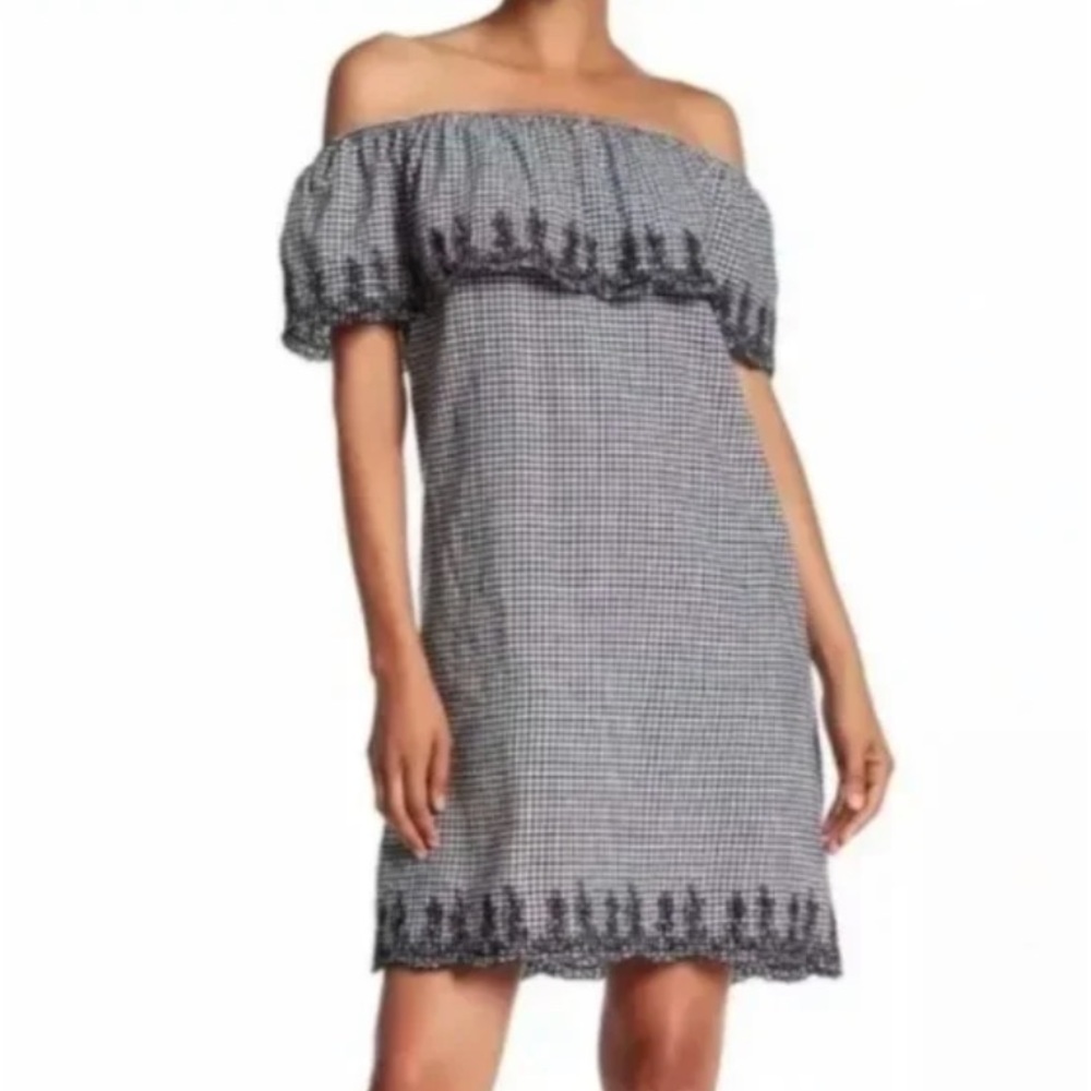 $139 NEW Nanette Lepore Gingham Black White Checkered Off The Shoulder Dress 16